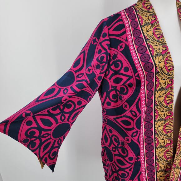 Chico's Reversible Kimono Womens Medium Pink Blue Gold Mixed Print Open Front - Picture 10 of 14